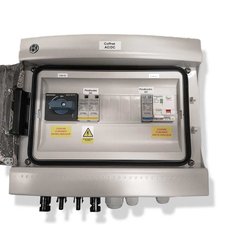 Coffret AC/DC - Monophasé - 1 String - 1 Sectionneur 30A/600VDC. Parafoudre Type II 40 kA