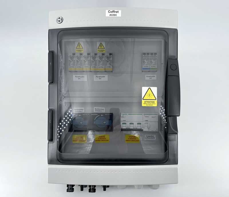 Coffret AC/DC - Triphasé - 2 Strings - 2 Sectionneurs 25A/1000VDC. Parafoudre Type II 40kA